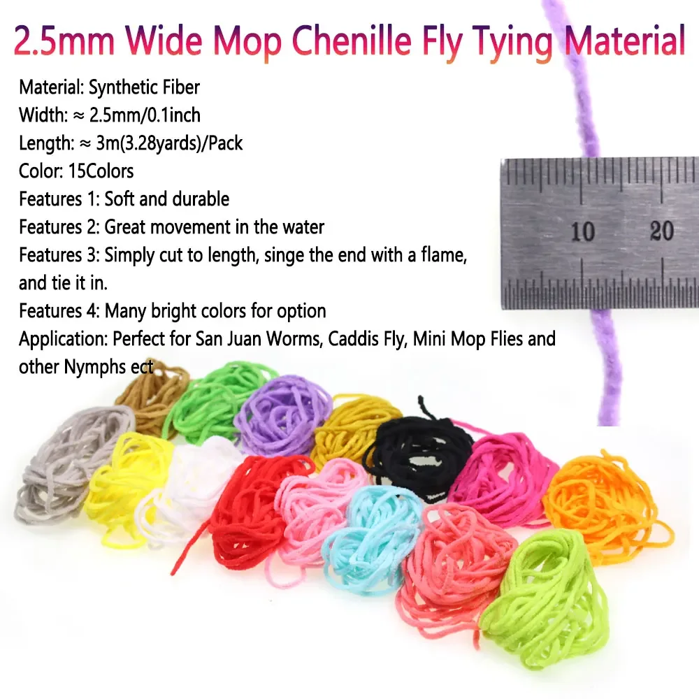 Bimoo 3 Meters 2.5mm Wide Mop Chenille Fly Tying Material For Squirmy Worms Caddis Nymphs Small Mop Flies Trout Fishing Lures