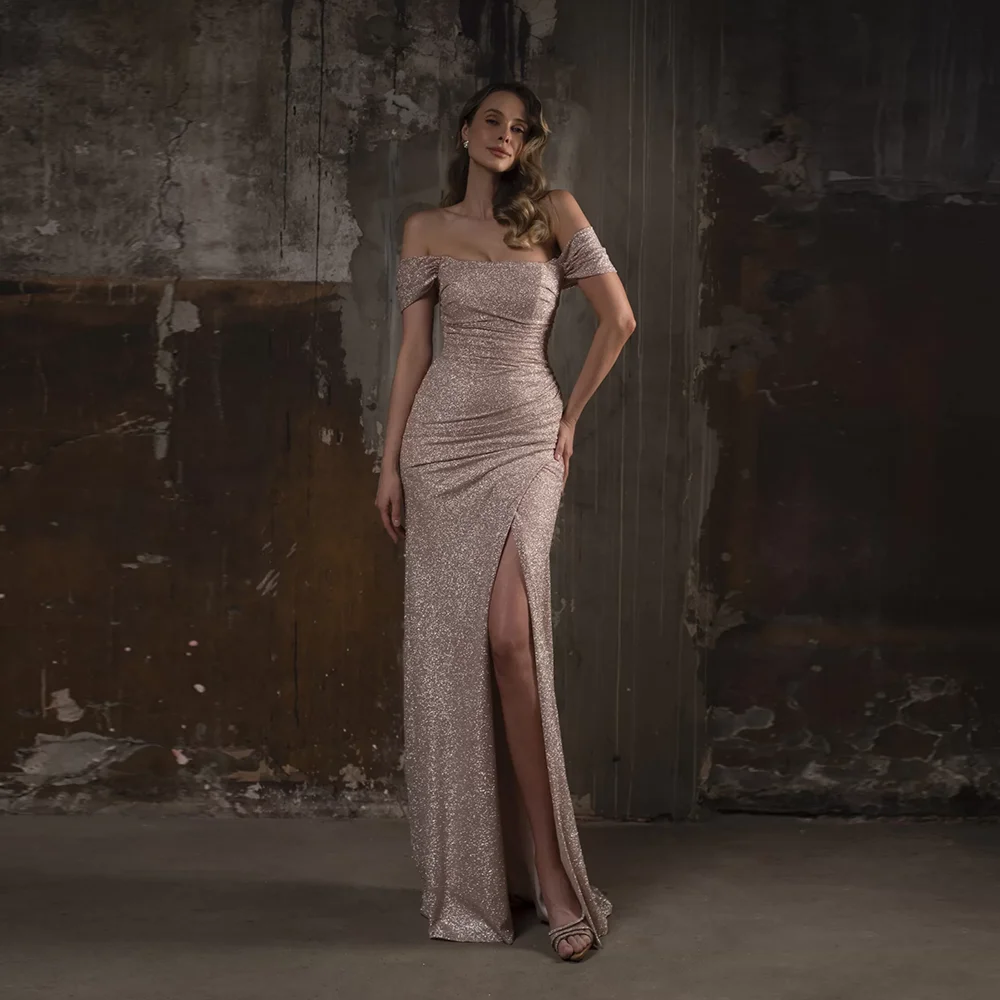 

Off-Shoulder Sequins Shiny Sheath Formal Evening Dress Court Lace up Pleated Evening Party Gown with Side Slit vestidos de festa