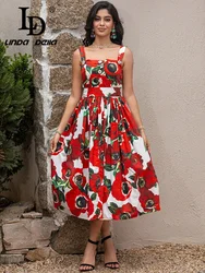 LD LINDA DELLA Summer Runway Vacation Dress Women's Fashion Spaghetti Strap Flower Print Elegant Party Midi Dress