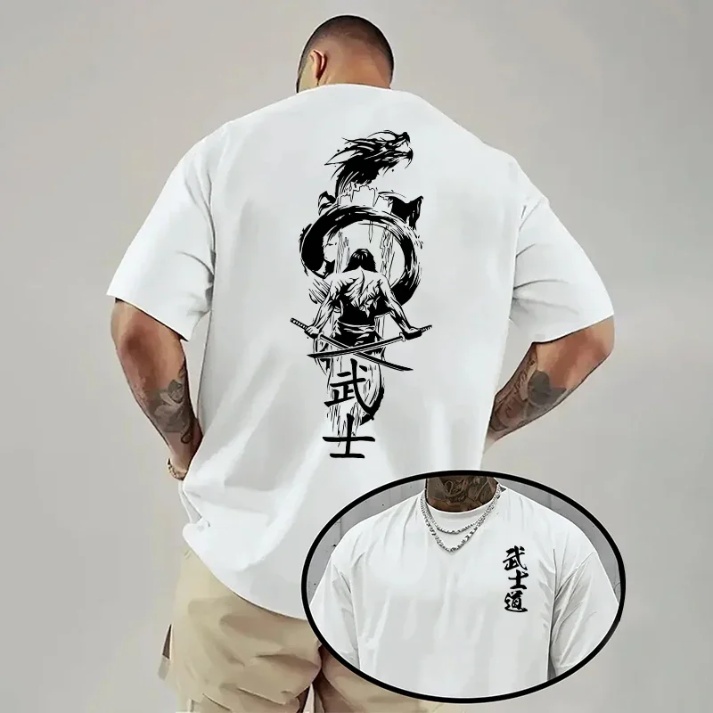 Samurai Dragon Men Cotton TShirt Summer Short Sleeve Japanes