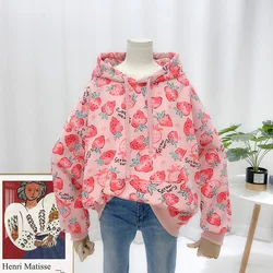 Strawberry Letter Printed Sweatshirts Women Loose Casual Hooded Pullovers Spring Autumn Korean Fashion Fruit Design Pullovers