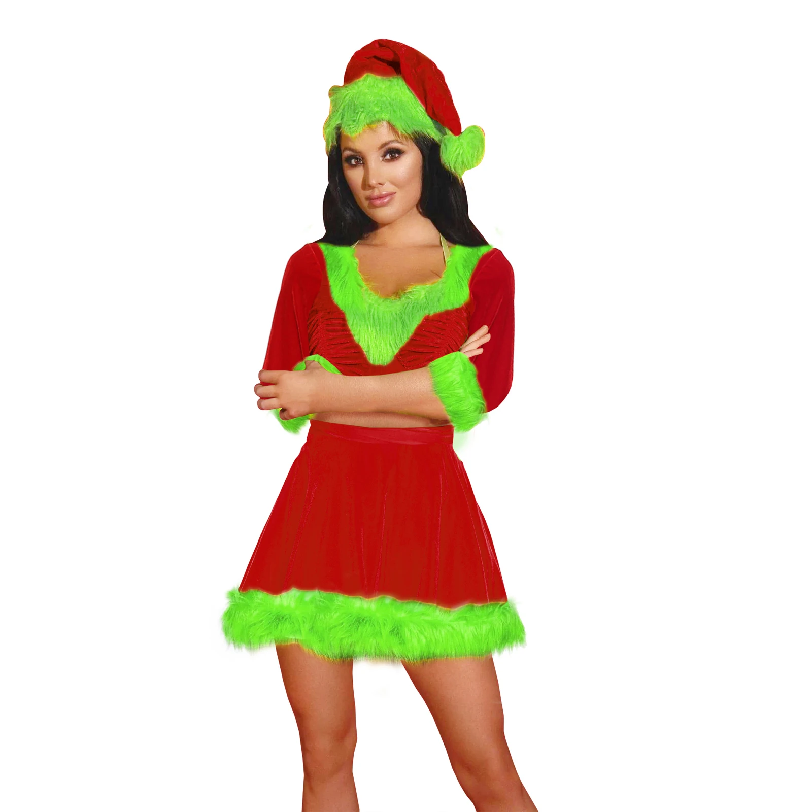 Christmas Santa Dress for Women, Plush Patchwork Half Sleeve V-Neck Classic Green Monster Costume