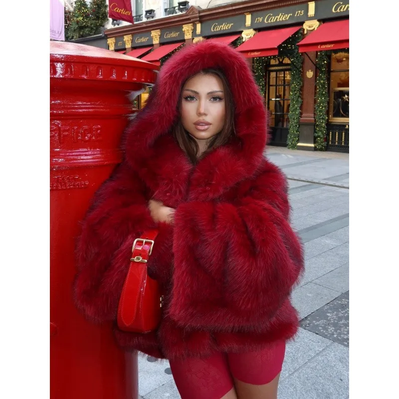 

Winter Women's Eco Fur Jacket Brightly Colored Trim Hood Faux Fur Coat For Female Windprro Thermal Lady's Fur Coat