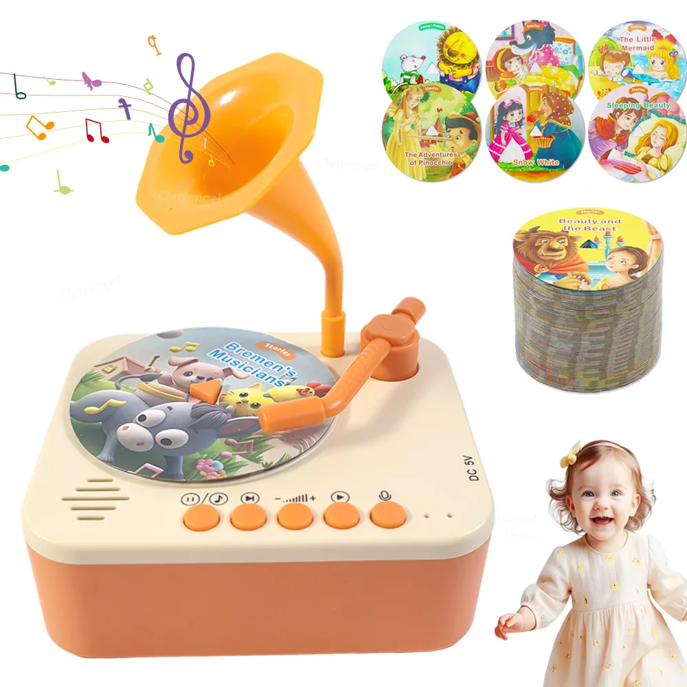 مشغل موسيقى قصة جراموفون للأطفال من Chriyungel مع 93 بطاقة لعبة تعلم تعليمية للأطفال الصغار هدية للأولاد والبنات
