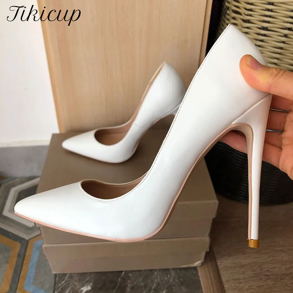 Tikicup Newly White Matte 8cm 10cm 12cm High Heels Women Pointed Toe Slip On Shallow Stiletto Pumps OL Work Ladies Wedding Shoes