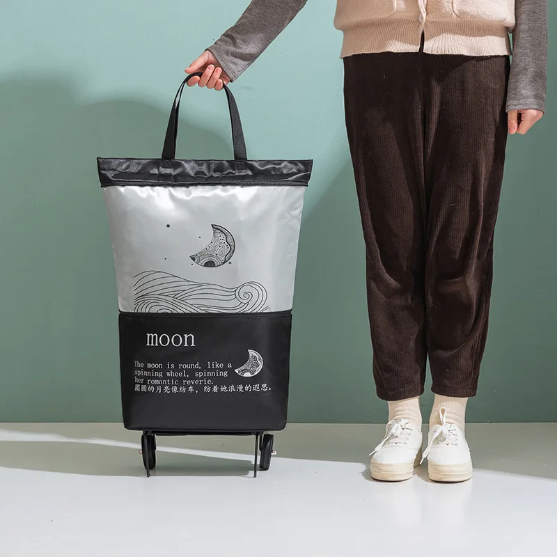 Foldable Pull Cart Trolley Shopping Bag with Wheels Portable Large Capacity Folding Grocery Shopper Handbags Organizer Bags