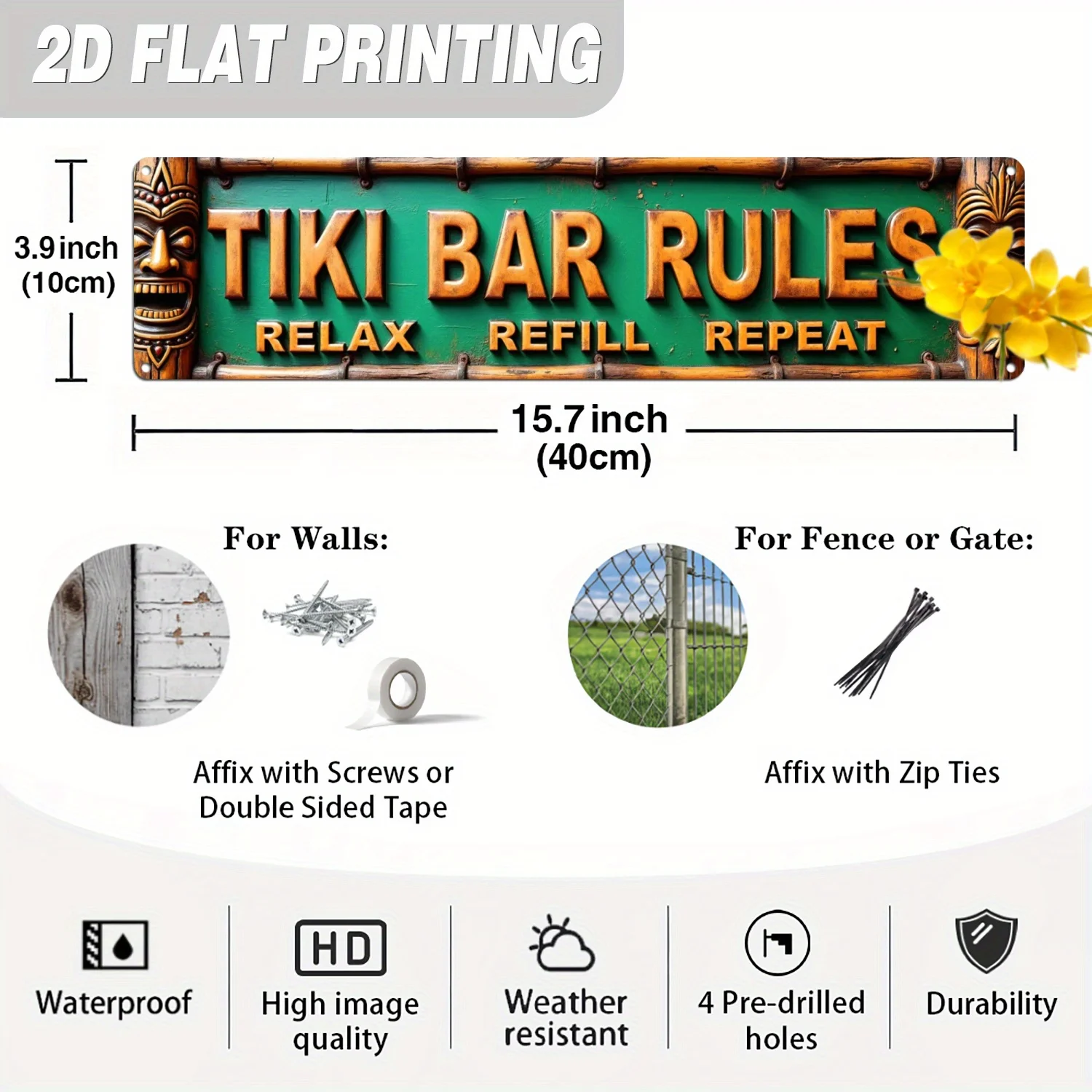 2D Flat, 1pc Rustic Vintage Tiki Bar Rules Metal Sign - Tropical Wall Decor with 