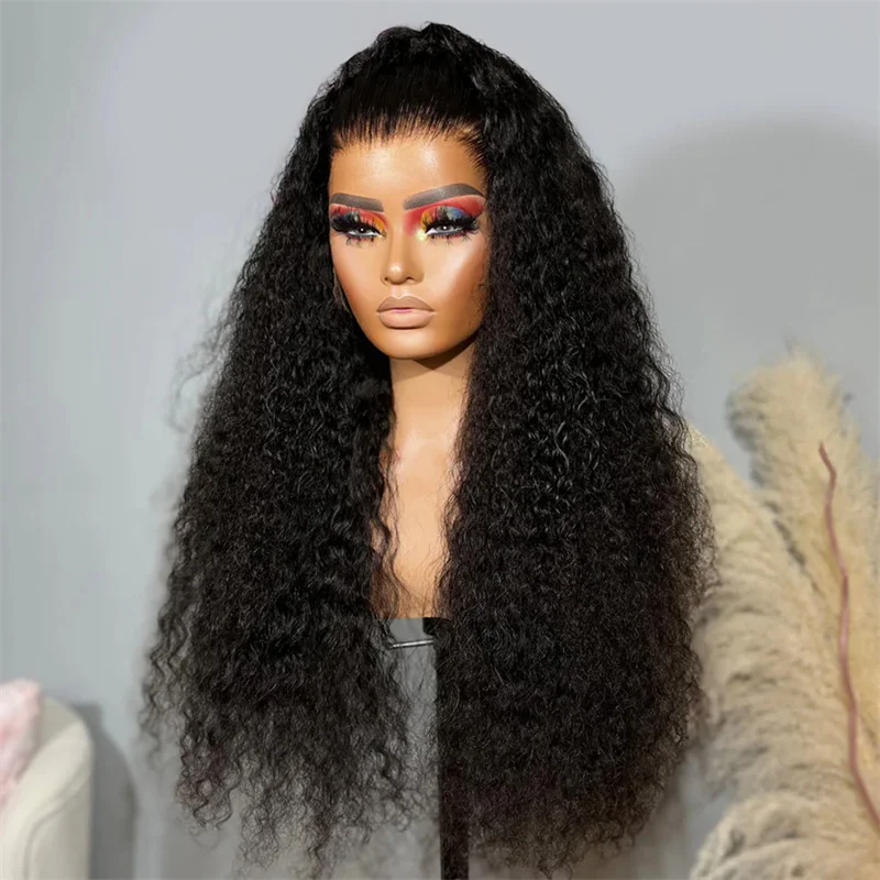 Soft Long Natural Black Glueless 180Density 26Inch Kinky Curly Deep Lace Front Wig For Women With Baby Hair Preplucked Daily