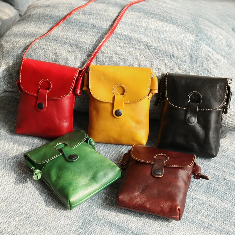 Ladies Bags 2023 New Genuine Leather Handmade Women Shoulder Bags Vintage Cowhide Solid Color Mobile Phone Bag