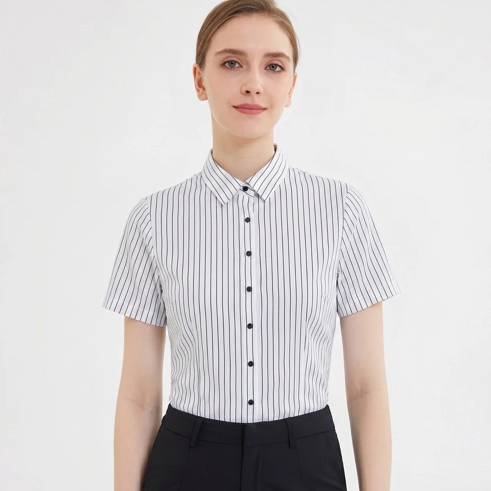 

Summer Breathable Short Sleeve Button Down Blouse Women Casual Wear Daily Office Shirt For Woman Elegant Slim Fit Striped Top