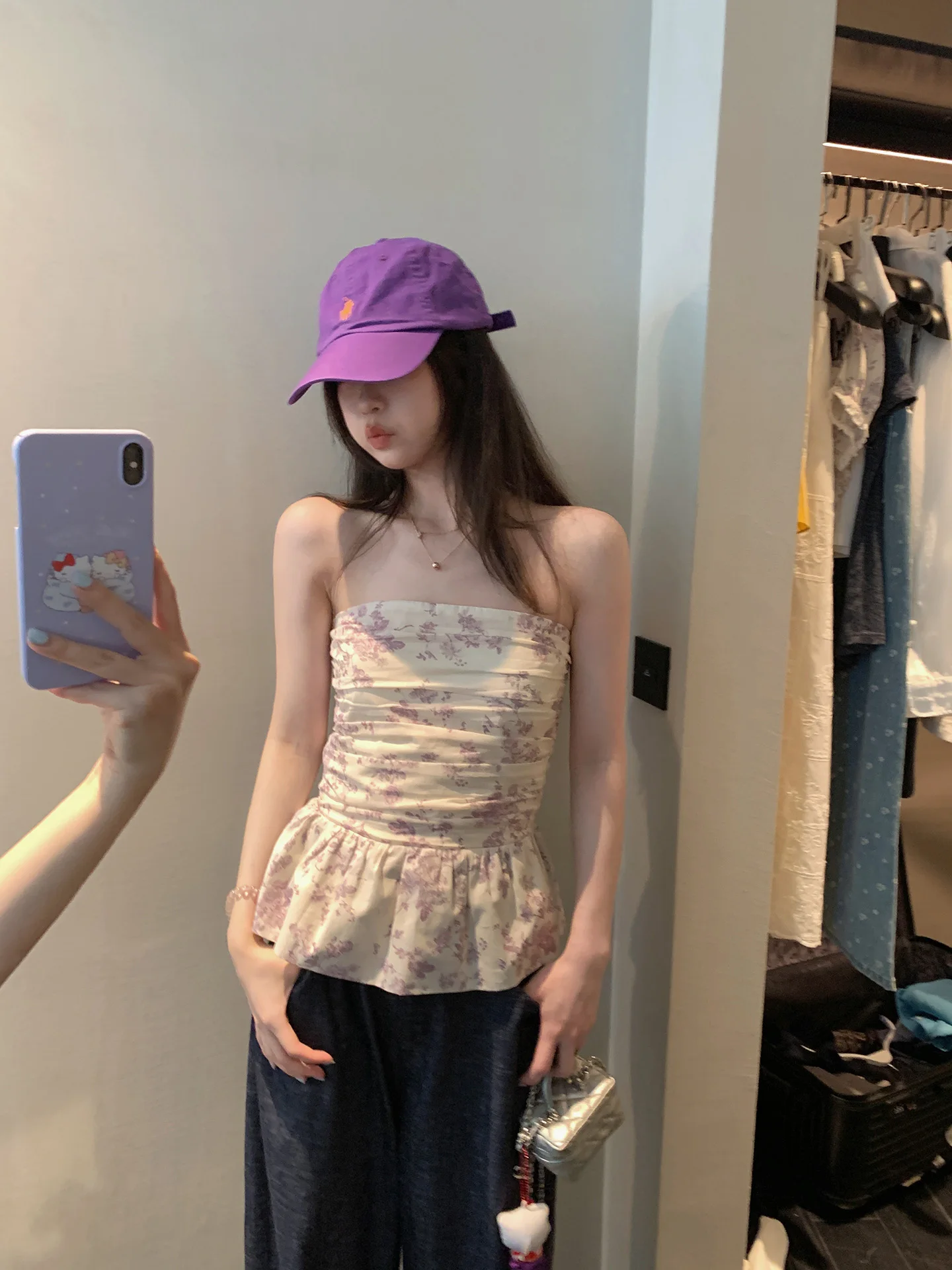 

Purple Dr Small Floral Print Tube Top Women's Summer High-End Feelings Svel Outfit Cotton Straight Cut