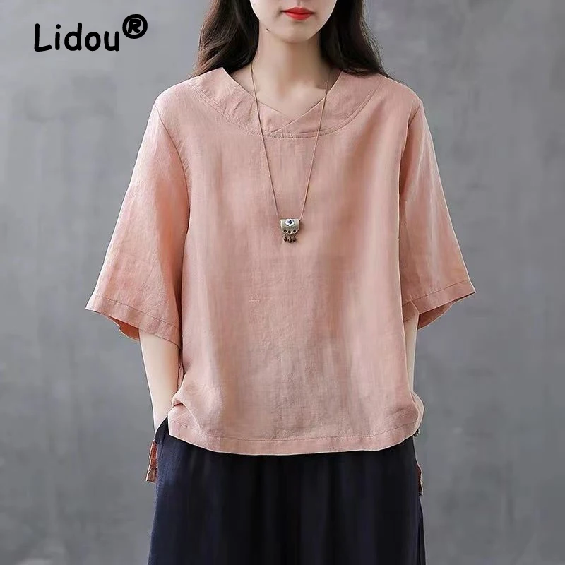 Women Clothing 2024Summer Vintage Simple Casual Loose Cotton Linen T-shirt Female Solid V Neck Short Sleeve Split Irregular Tops