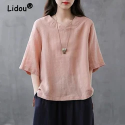 Women Clothing 2024Summer Vintage Simple Casual Loose Cotton Linen T-shirt Female Solid V Neck Short Sleeve Split Irregular Tops