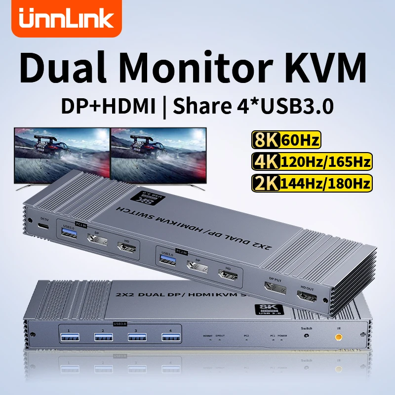 Unnlink DP HDMI KVM Switch Dual Monitor 4K 120Hz DisplayPort 2 in 2 out USB 3.0 Matrix for 2 Computers Share 2 Monitors Display