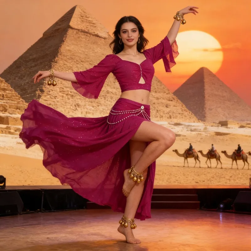 

Oriental Belly Dance Costume Set Rhinestone Mesh Top and Maxi Skirt with Built in Safety Shorts Performance Outfit