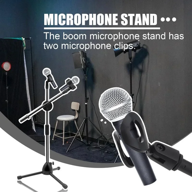 Tripod Microphone Stand 360 Rotation Boom Mic Floor Holder with 2 Mic Clip Holder Collapsible Adjustable Mic Bracket Accessories