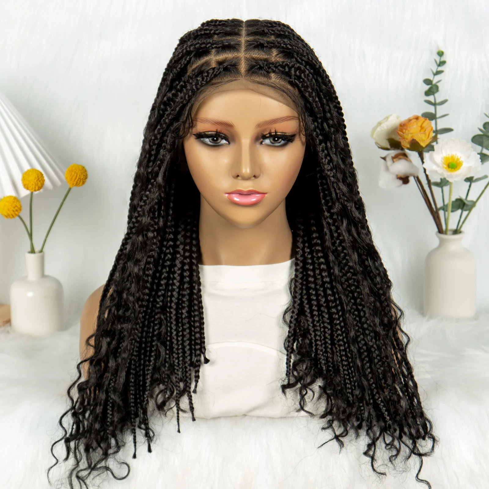 Synthetische Lace-Front-Perücke, lockiges Haar, geflochtene Perücken mit lockigem Ende, Lace-Frontal-Box-Zöpfe, Perücken für schwarze Frauen mit Babyhaar