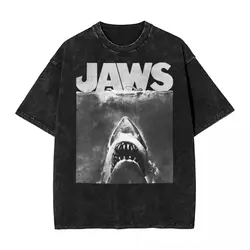 Washed T Shirts Jaws Photo Negative Shark Attack Hip Hop T-Shirt High Street Streetwear Graphic Tops Tee Shirt for Men Women