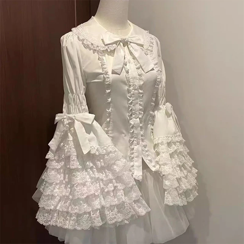Lolita Blouse Dames Peter Pan Kraag Oversized Flare Mouw Zoete Shirts Tops Kant Strik Ruches Wit JK Uniform Shirts Gothic
