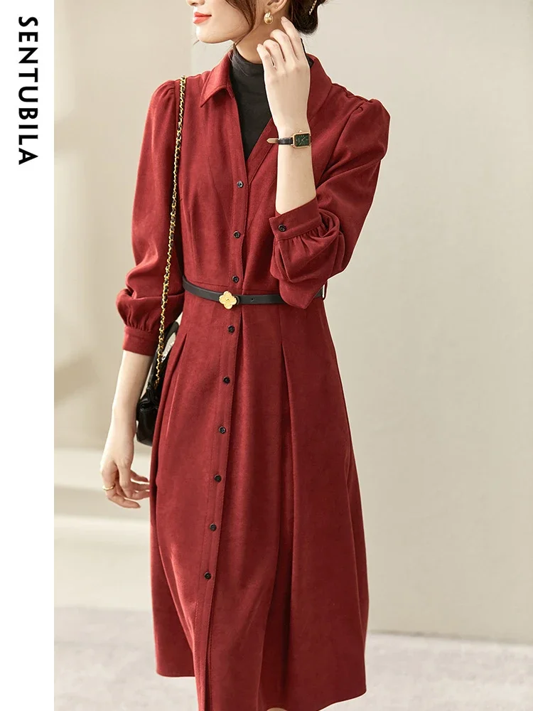 

SENTUBILA Red Long Sleeve Dresses for Women 2025 Autumn Elegant Half High Collar Shirt Leather Belt Dress Office Lady 124L45881
