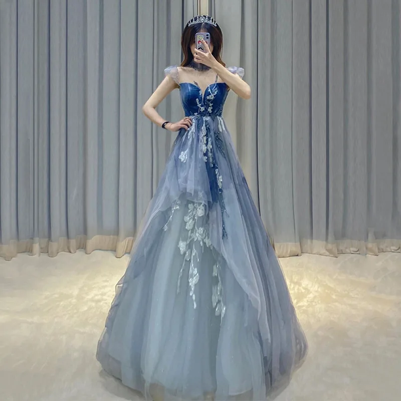 Customized Fashion Blue Women Evening Dresses Appliques Tulle Prom Party Gowns Formal Vestido De Fiesta robes de soirée