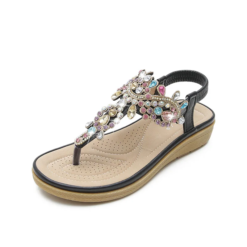 Plus Size 36-41 Shoes for Women Summer New Round Toe Flip Flops Fashion Rhinestone Ladies Sandals Roman Crystal Platform Elastic