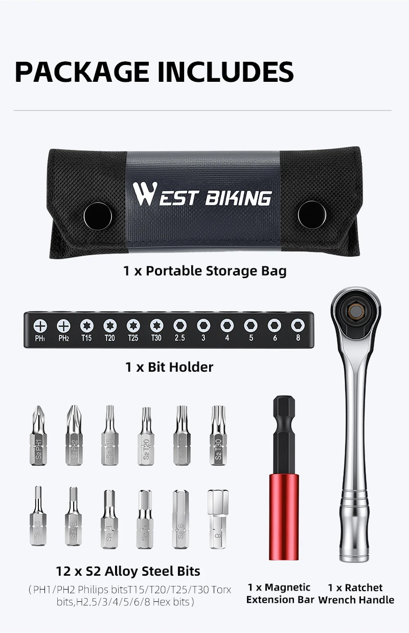 WEST BIKING Fahrradwerkzeug-Set mit Ratschenschlüssel, S2-Legierungsstahl-Bits, tragbares Fahrrad-Reparaturset mit magnetischer Verlängerungsstange – Detail 9
