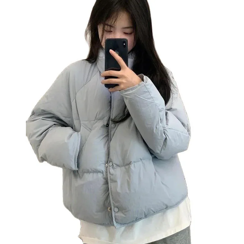 Fashion Blue Down Cotton Jacket Women\'s Short 2023 New Korean Version Warm Cotton Jacket Bread Winter Coat Outerwear Parkas