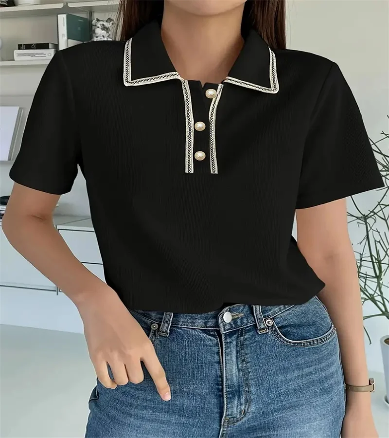 Spring 2024 Women\'s pure color button-down T-shirt spring and summer casual office short-sleeved shirt