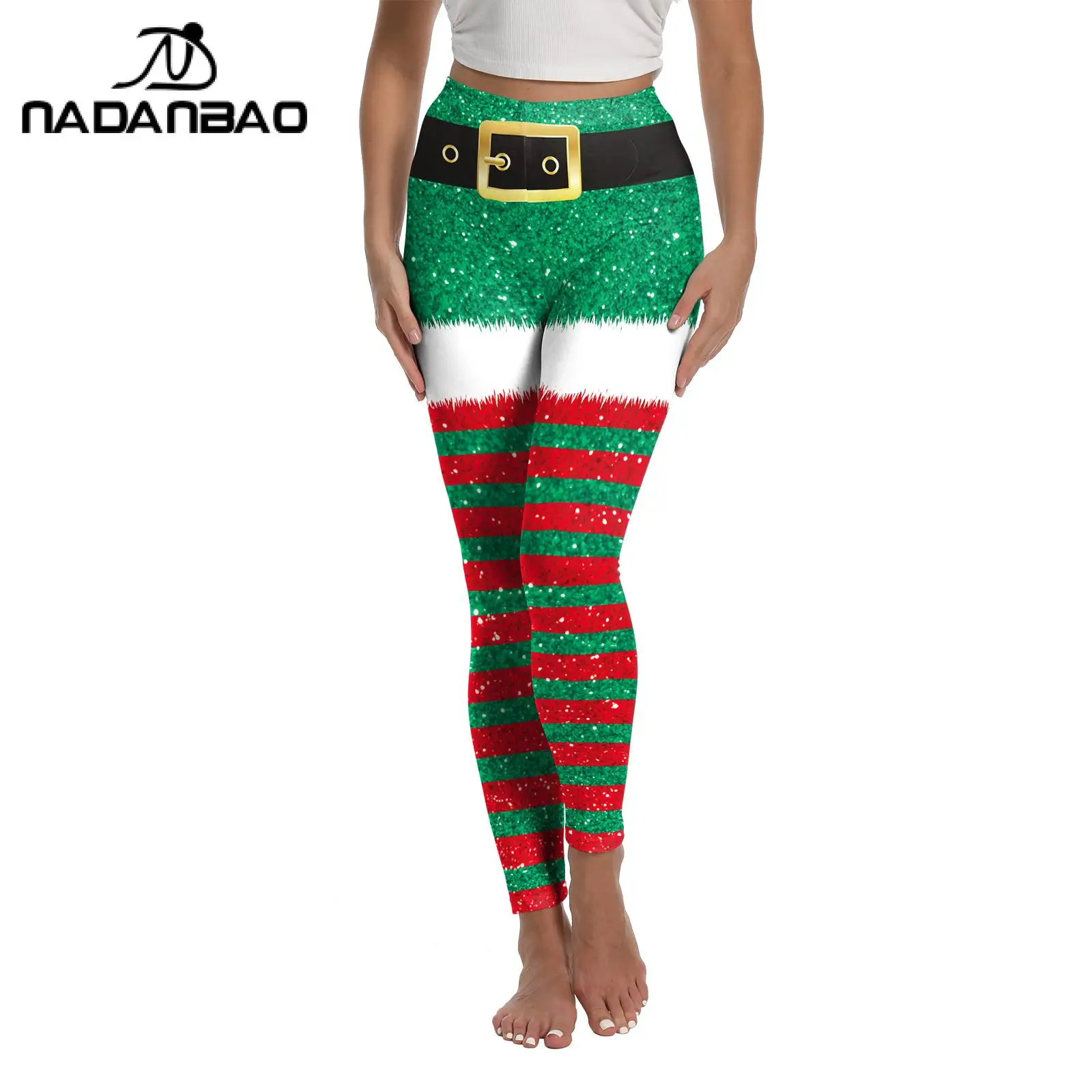 NADANBAO Women Ugly Christmas Leggings String Light Pattern Pants Red Green Stripe Leggings Fitness Workout Trousers Party Gifts