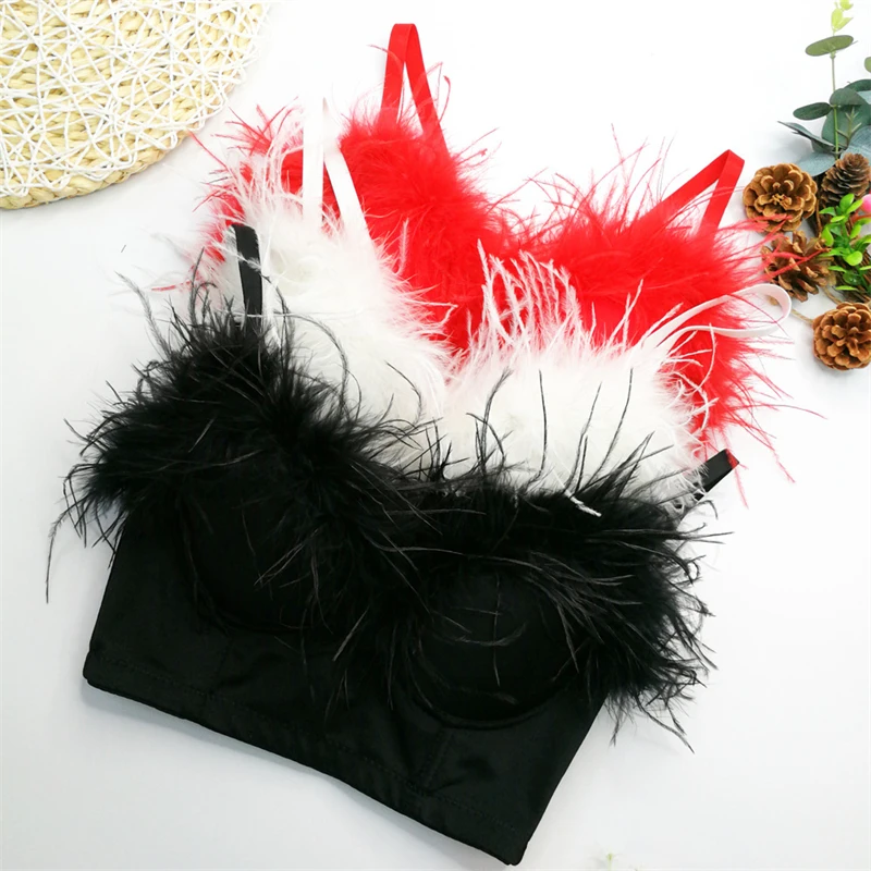 

Vintage Feather Crop Tops Sexy Women Camisole Corset Deep-V Bustier Nightclub Party Tank Tops New Fashion Ladies Push Up Bras