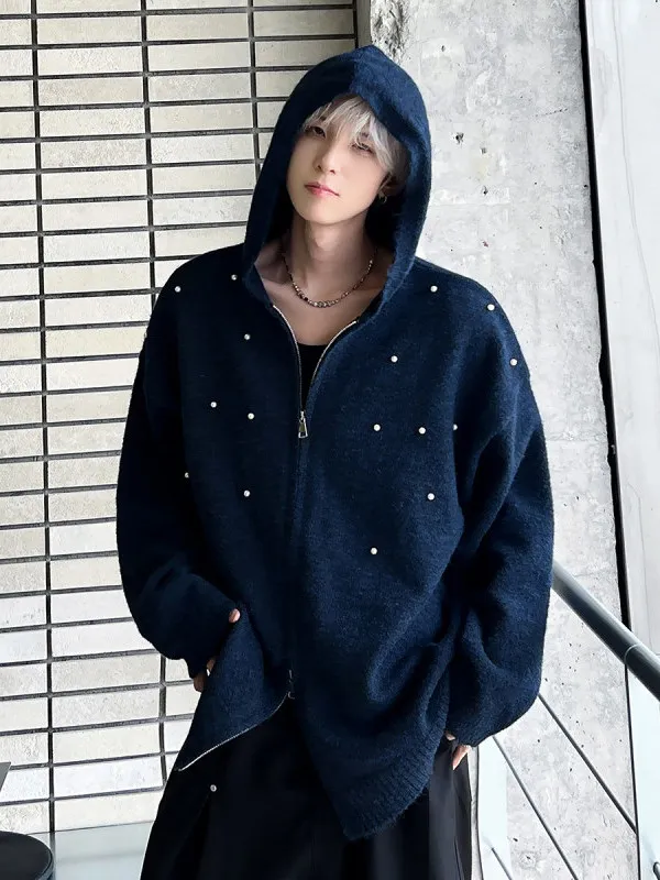 

Американский кардиган с жемчужным воротником и двойной молнией, открытый свитер, свободная верхняя одежда, модная повседневная длинная толстовка с капюшоном све