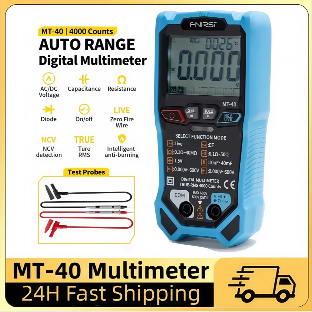 

FNIRSI MT-40 Умный цифровой мультиметр 4000 отсчетов True RMS AC DC Напряжение 600 В Емкость Ом Гц NCV Тест провода под напряжением Автоматический диапазон