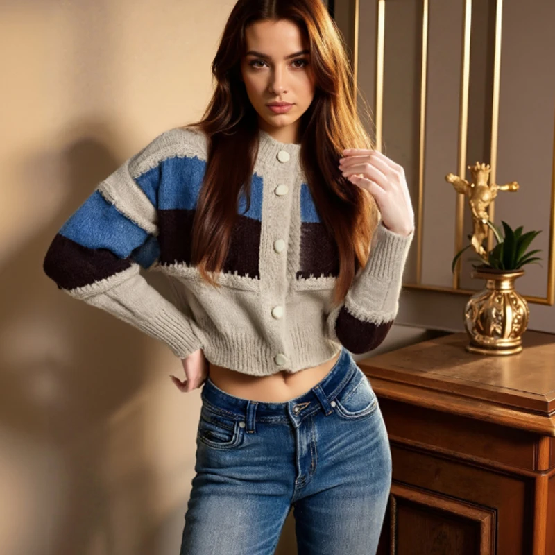 

Korean Chic Sweater Jacket Women's Cardigan Autumn New Retro Striped Three Quarter Sleeved Cardigan Casual Knitted Outerwear