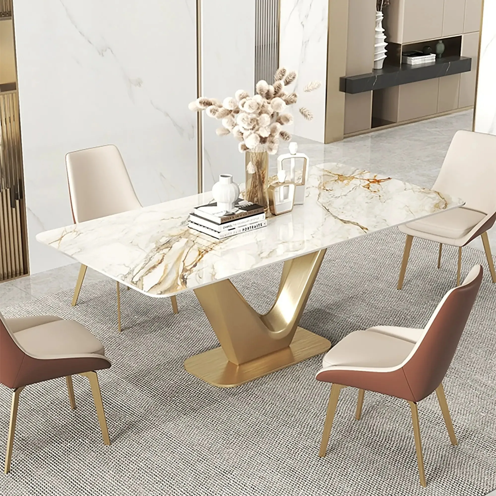 Modern Rectangular Dining Table for 6 White Glossy Sintered Stone Top With Gold Stainless Steel Legs Kitchen Dining Furniture