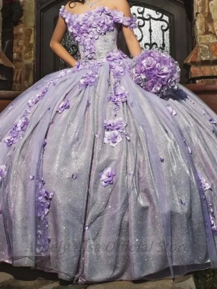 Charming Lilac Princess Girls Quinceanera Dresses 3D Flower Lace Up Ball Gown Sweet 15 16 Birthday Party Prom Dress Pageant Wear