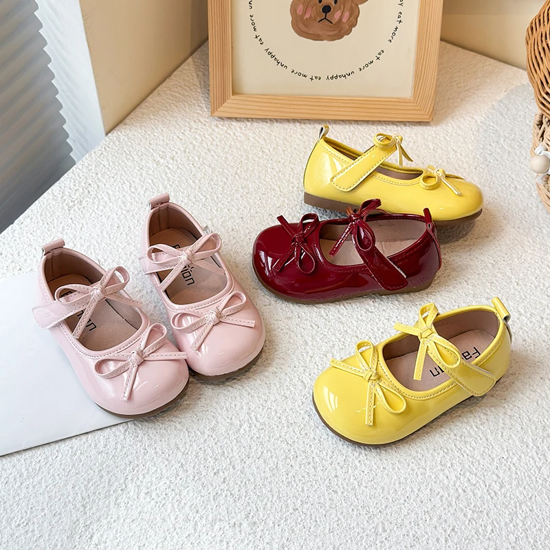 Autumn Girl's Princess Shoes Bowknot Glossy Pu Leather Sweet Kid's Flat Shoe Candy Color Anti-slip Lovely Trendy Children Shoe