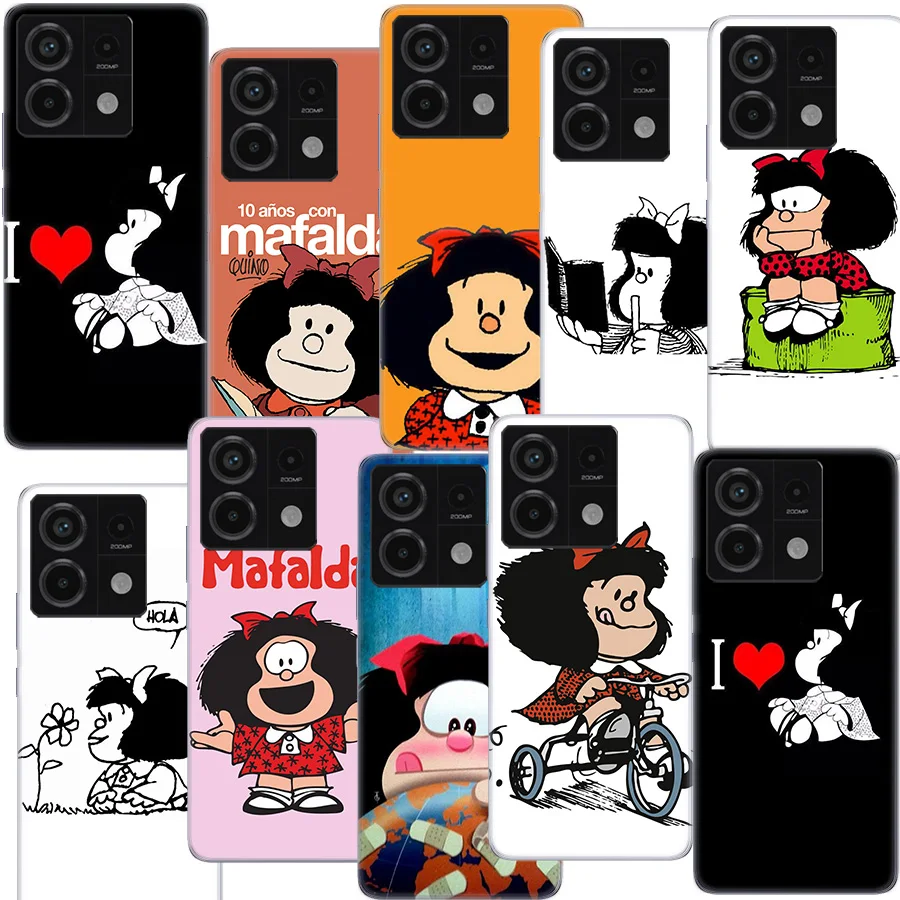 Cartoon Mafalda Clear Phone Case For Redmi Note 13 12 Pro+ Plus 5G 12S 12 12C 10 10A 10C 9 9A 9C 9T 8 8A K70 K60 K20 Coque Capa