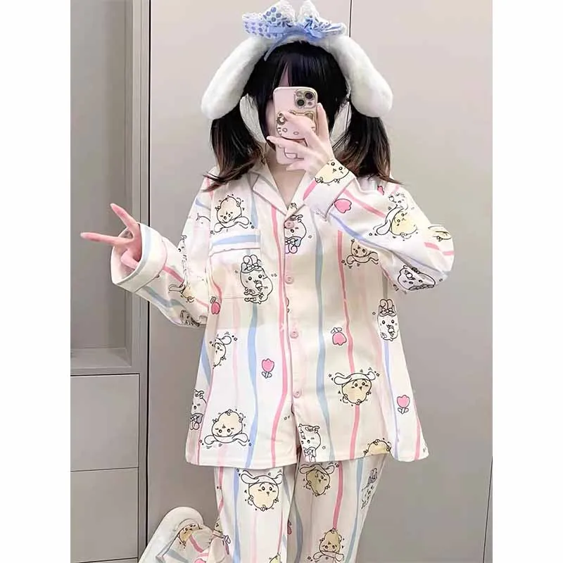 Chikawas Kawaii Spring Autumn Women's Pajamas Cartoon Cute Trendy Comfortable Long Sleeved Pants Home Pajama Set Girl Gifts Toys