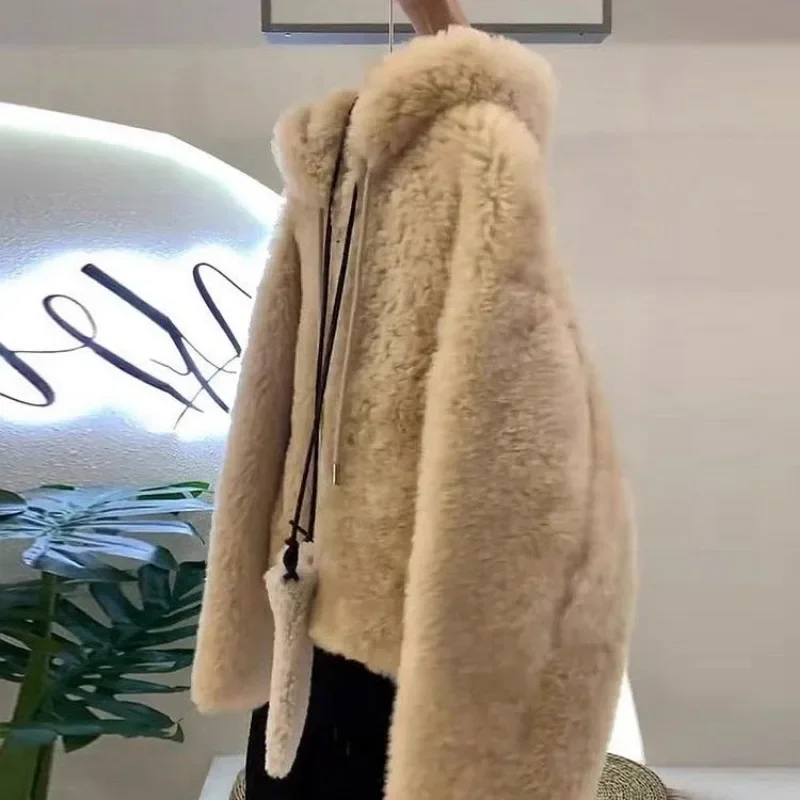 2023 nuove donne cappotto di alta qualità addensato sciolto delicato coreano con cappuccio capelli di agnello moda Casual confortevole cappotto corto