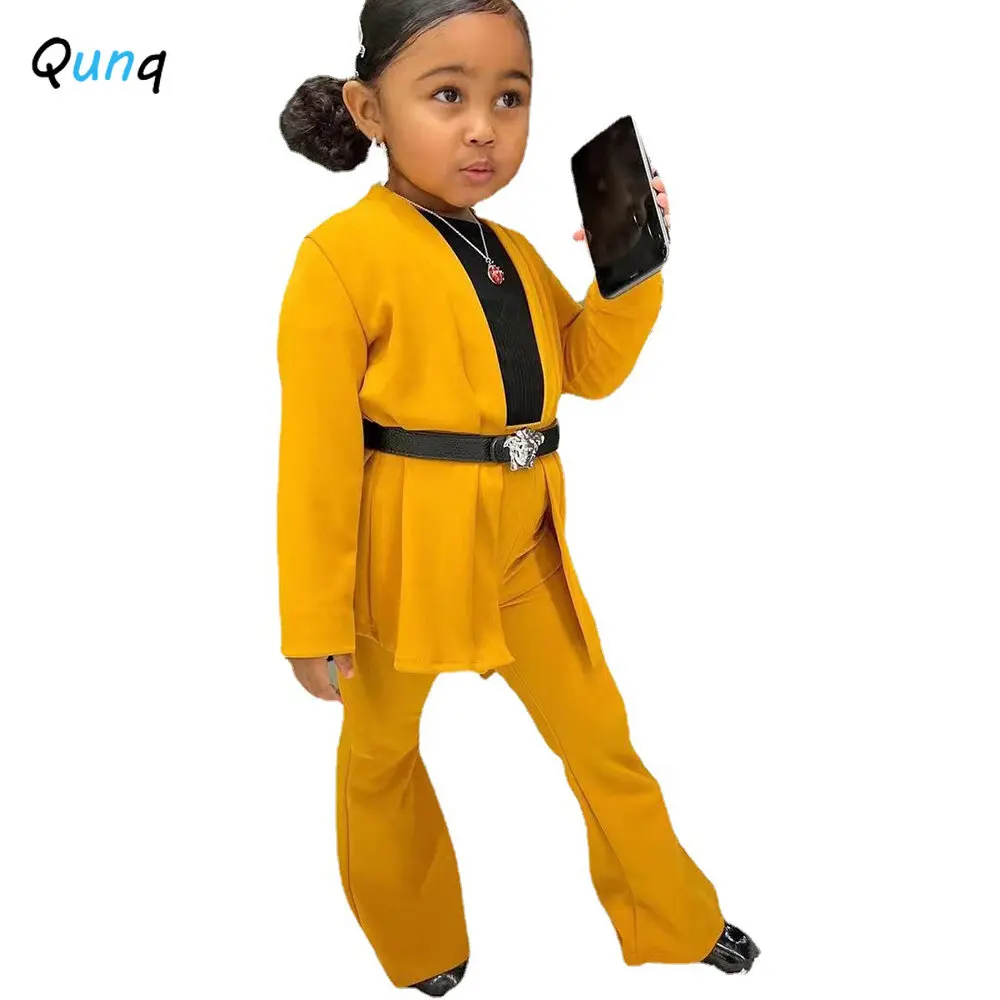 Qunq 2023 Spring Autumn INS New Girls Solid Cardigan Suit Coat + Straight Leg Pants 2 Pieces Set Casual Kids Clothes Age 3T-8T