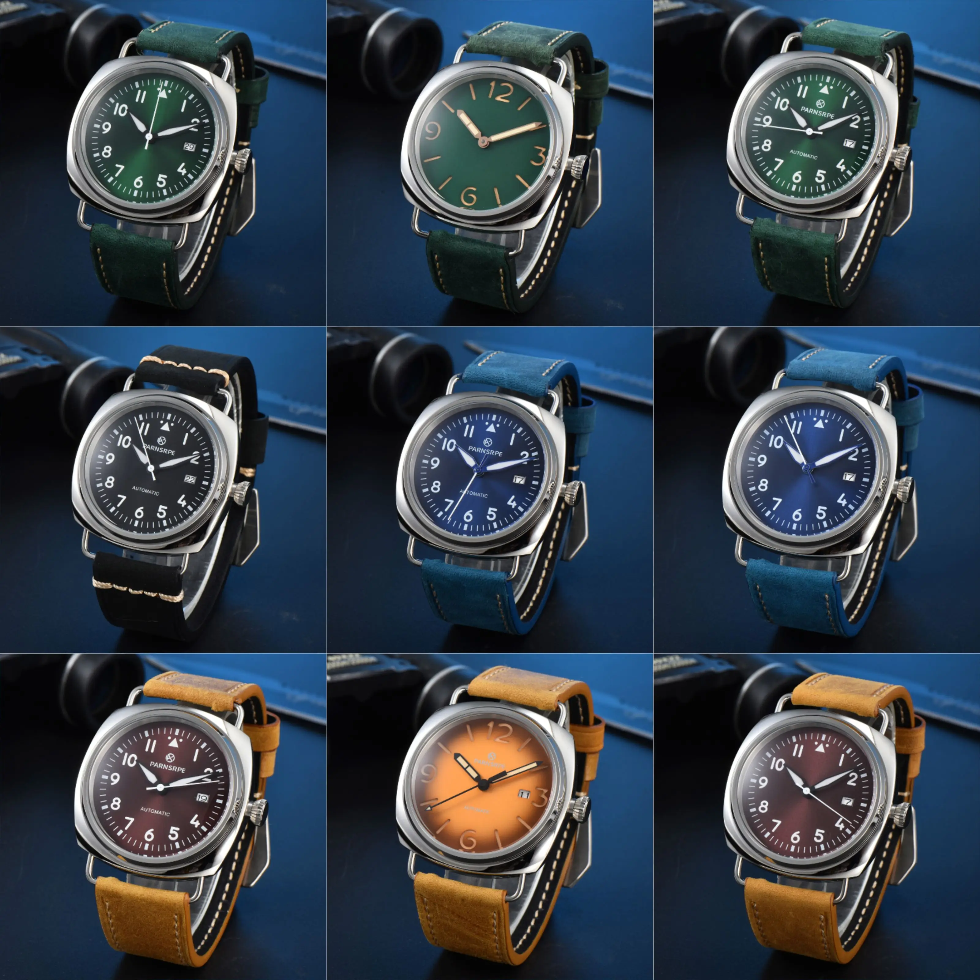 45 مللي متر ساعة رجالية ريترو إيطالية 9 ألوان NH35/6497 Move 316L الفولاذ المقاوم للصدأ الأخضر لوم دليل لف ساعة جلدية