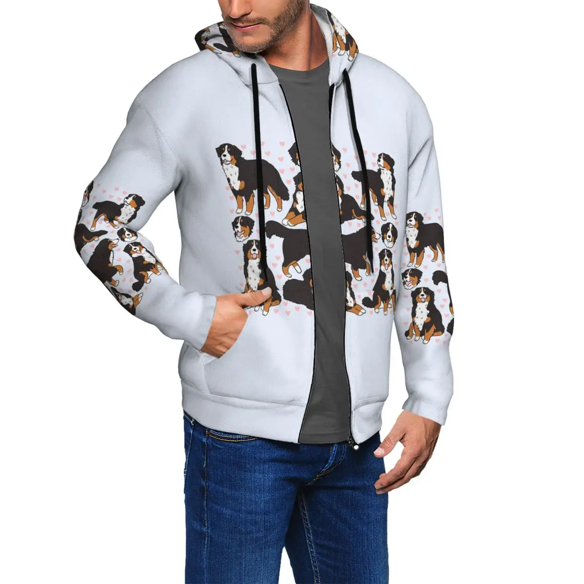 Bernese Mountain Dog Cute Illustration Pattern Zipper Hoodie Harajuku Autumn Winter Men Women Sweatshirts Long Sleeve Tops