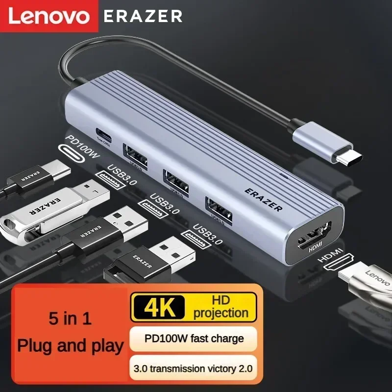 Lenovo Power Type-C Expansion Dock 3.0 Spliter USB-C Adapter HDMI Cable for XiaoXin Apple Huawei Laptop 5 in 1 with A Port