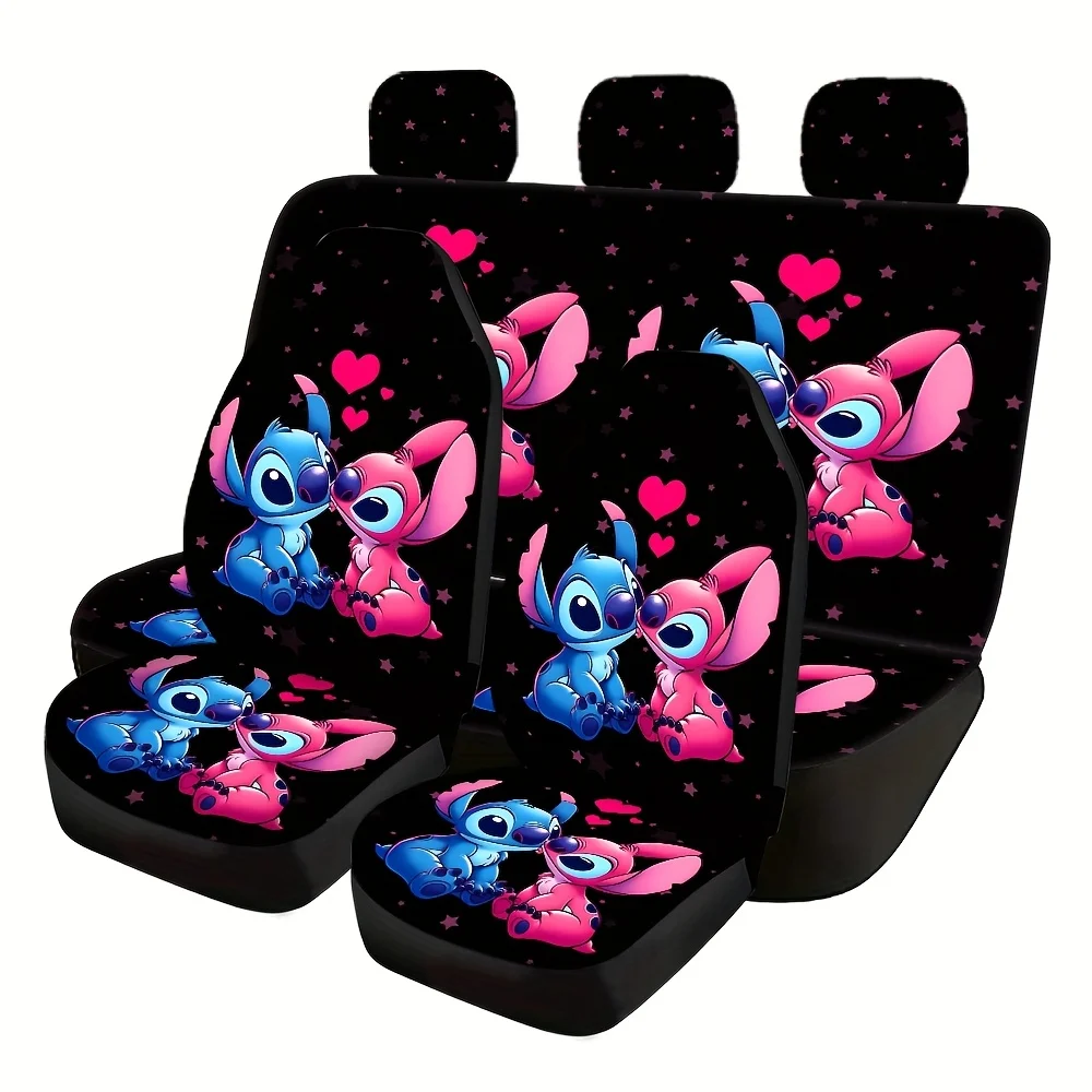 

7Pcs Disney Cute Cartoon Stitch Print Car Seat Full Seat Cover Set, 2 Front Seats, 1 Rear Seat Cushion, 1 Backrest Cushion, 3 Hats