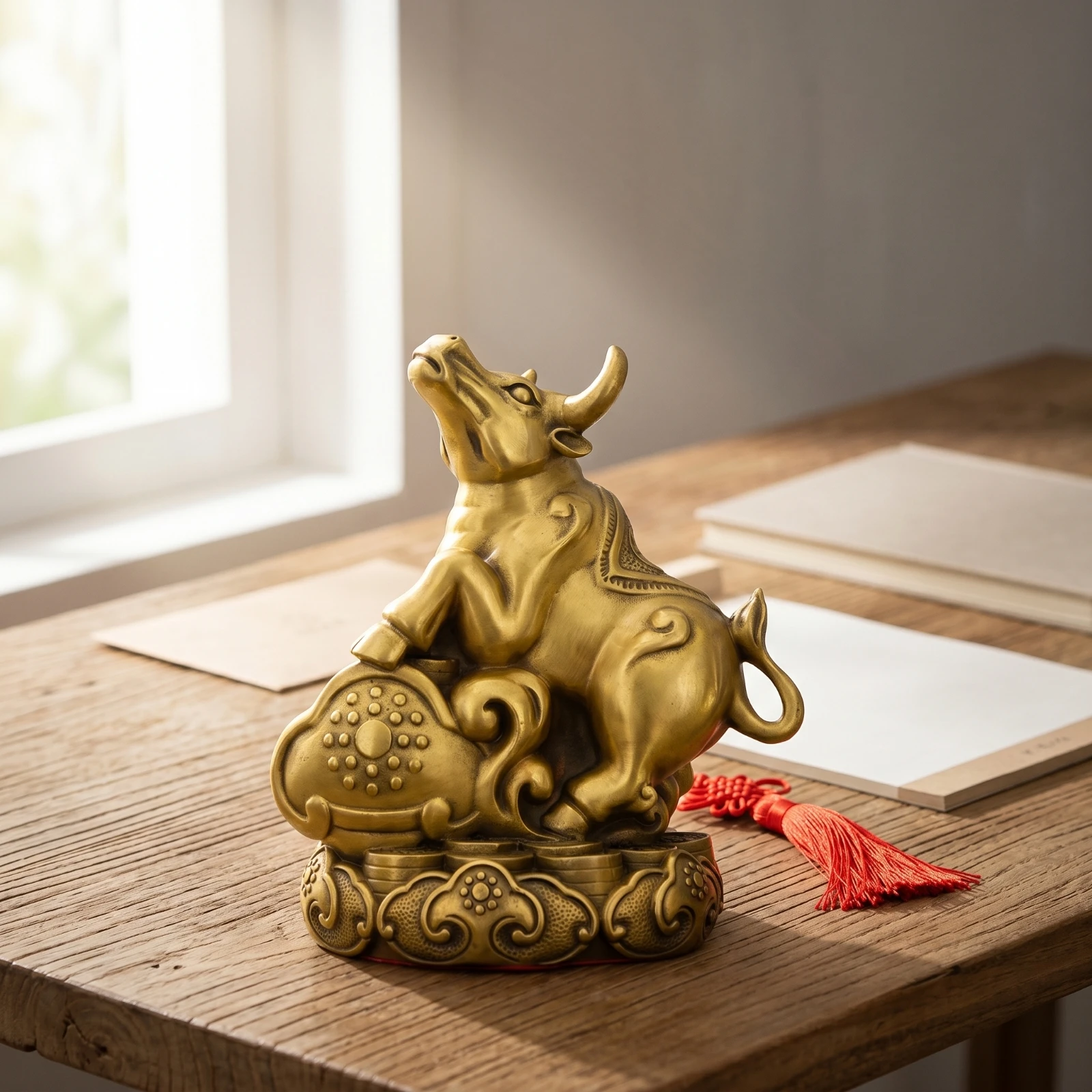 Oxen Statue Statue with Lotus Base Collectible Oxen Statue Statue Ornament Compact Sculpture Feng Shui for Collectors, Desk