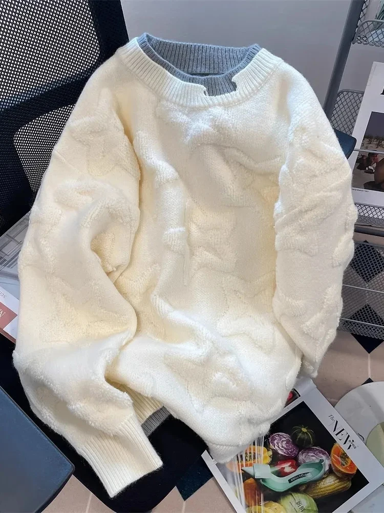 

Vintage Stars Sweaters Women Lazy Wind Preppy Style Knitted Pullover Japan Retro Loose Long Sleeve Patchwork Harajuku Tops New