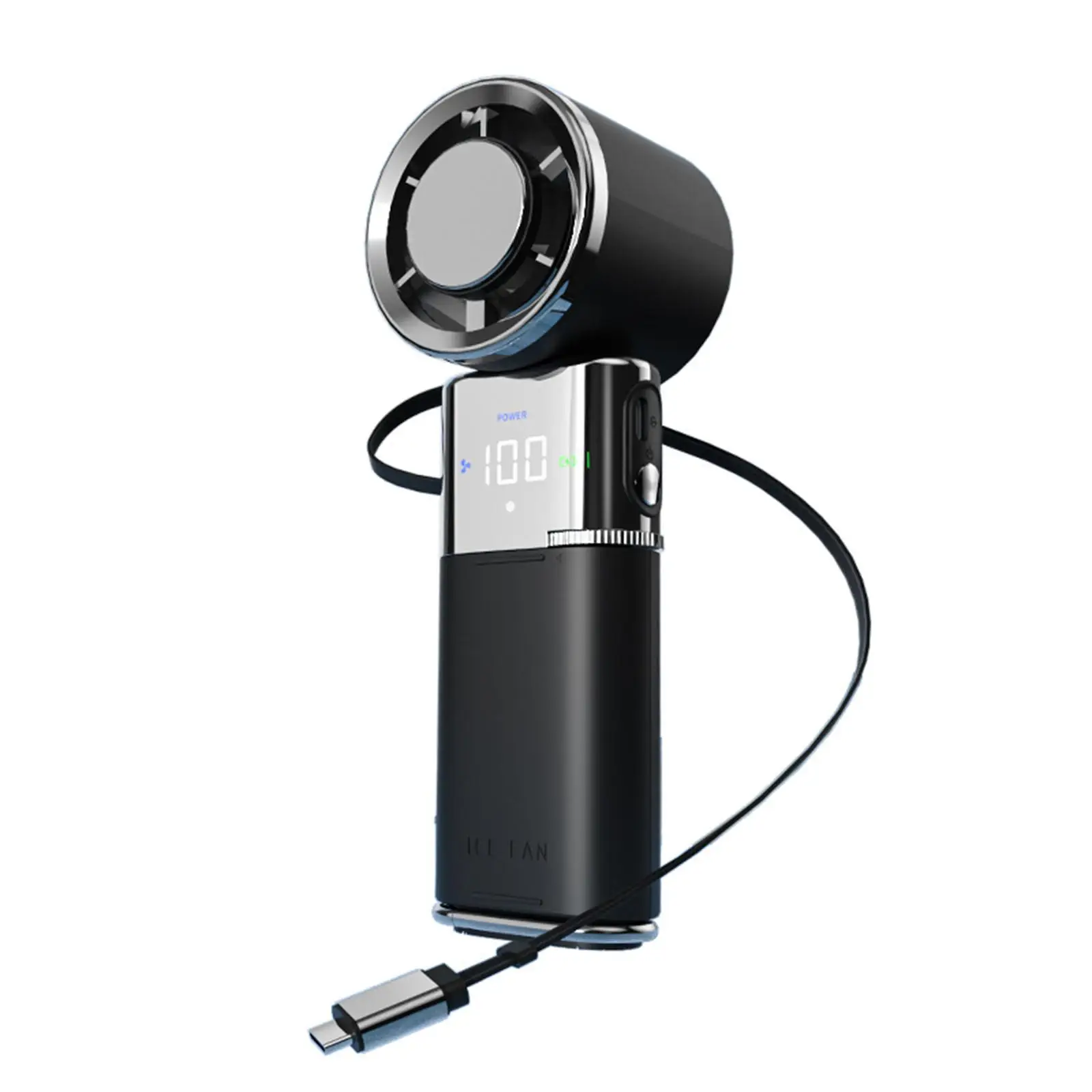 Handheld USB Ventilator mit Halbleiter-Kühlung, 6000mAh Powerbank, Eisfunktion, 100 Stufen, leise, faltbar, LED Display