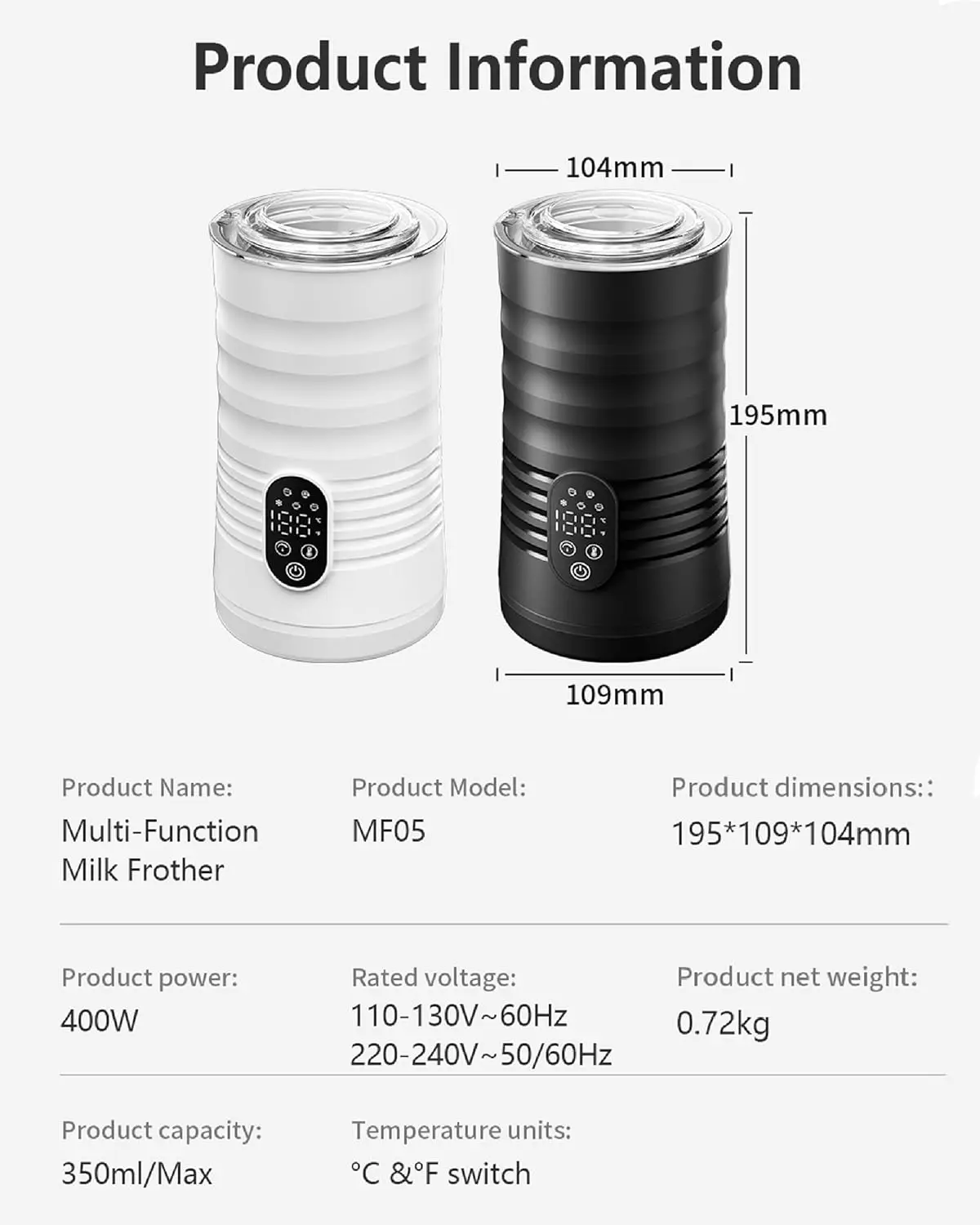 

5-in-1 Electric Milk Frother 350ml Automatic Hot/Cold Foam Maker for Coffee Latte Cappuccino, 400W Heater with Temperature