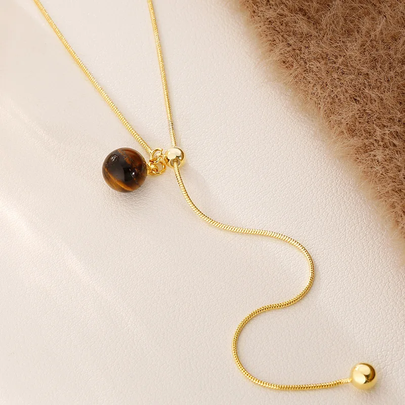 

14k Gold Plated Stainless Steel Necklaces for Women Artificial Tiger Eye Stone Beads Necklace Adjustable Long Thin Chain Jewelry